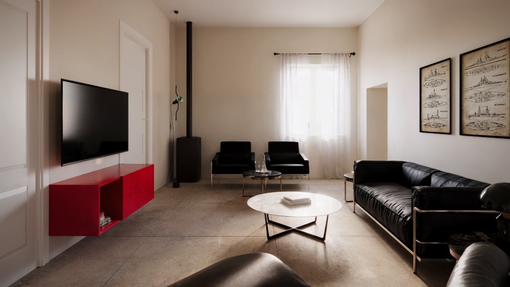 Render 3D Salotto con Parete TV & Stufa